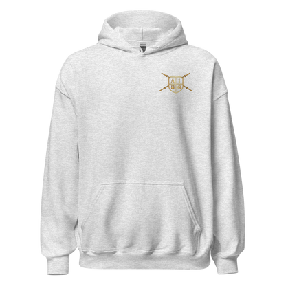 White hoodie with a gold logo on a white background
