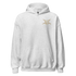 White hoodie with a gold logo on a white background