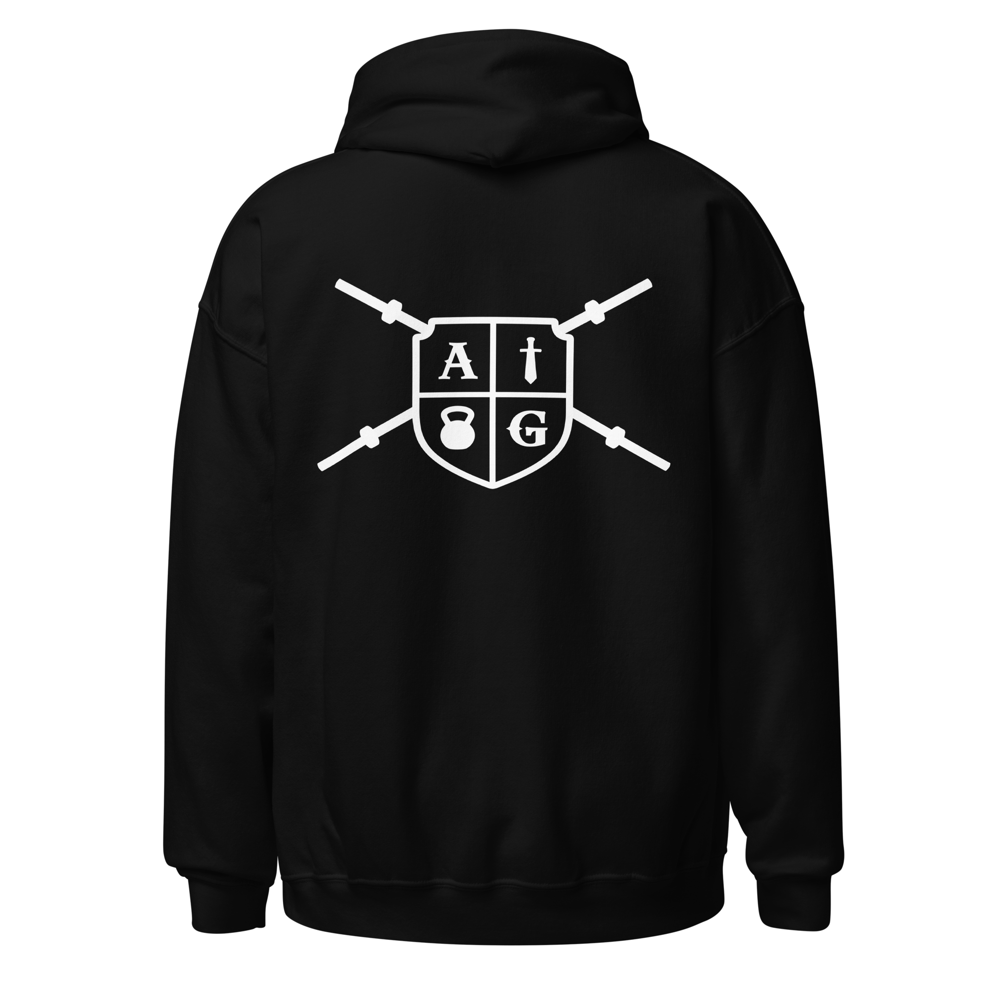 Black hoodie with white logo on the back against a white background