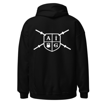 Black hoodie with white logo on the back against a white background