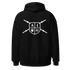 Black hoodie with white logo on the back against a white background