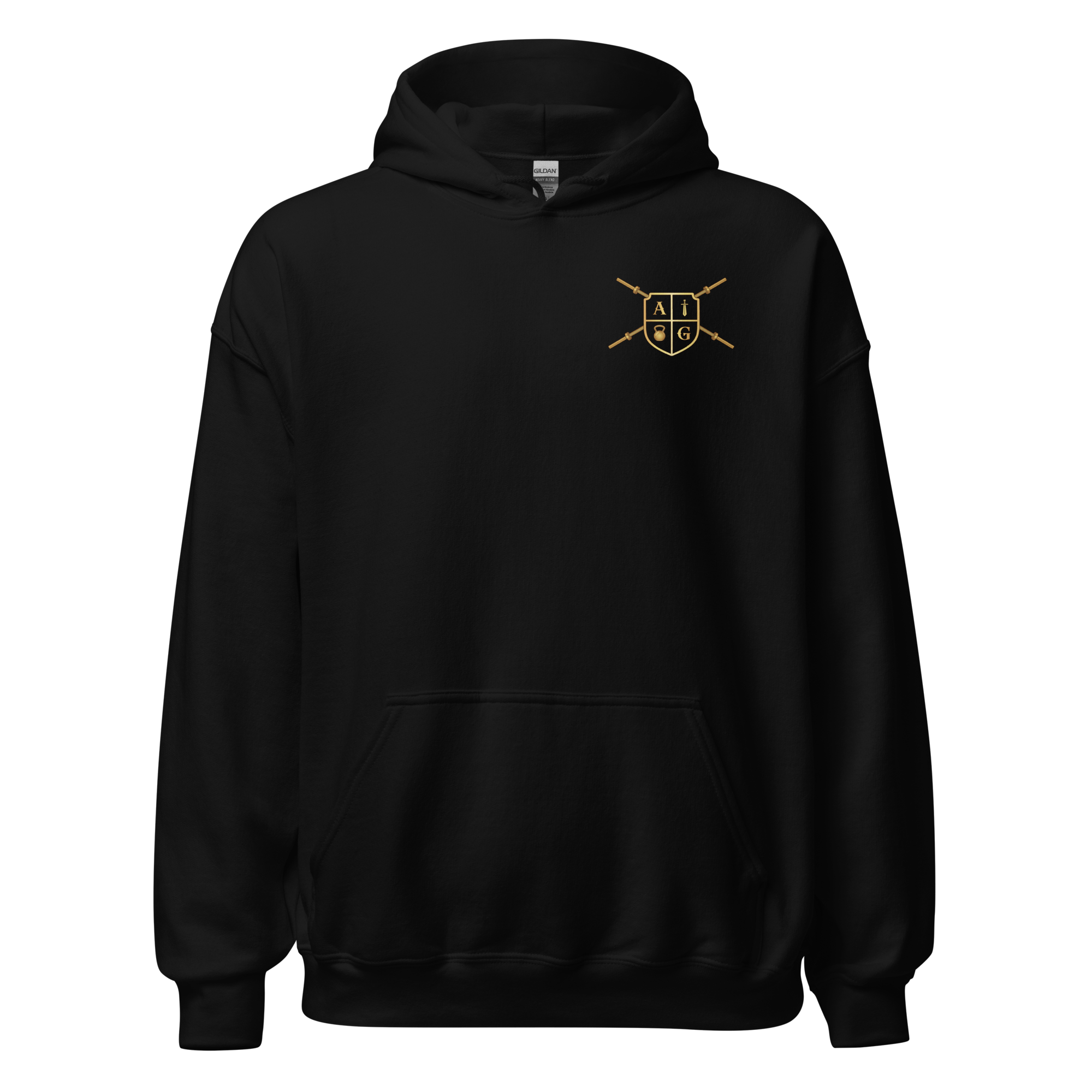 Black hoodie with a gold logo on the chest against a white background