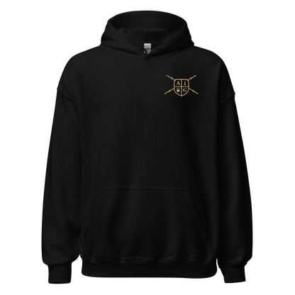 Black hoodie with a gold logo on the chest against a white background