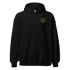 Black hoodie with a gold logo on the chest against a white background