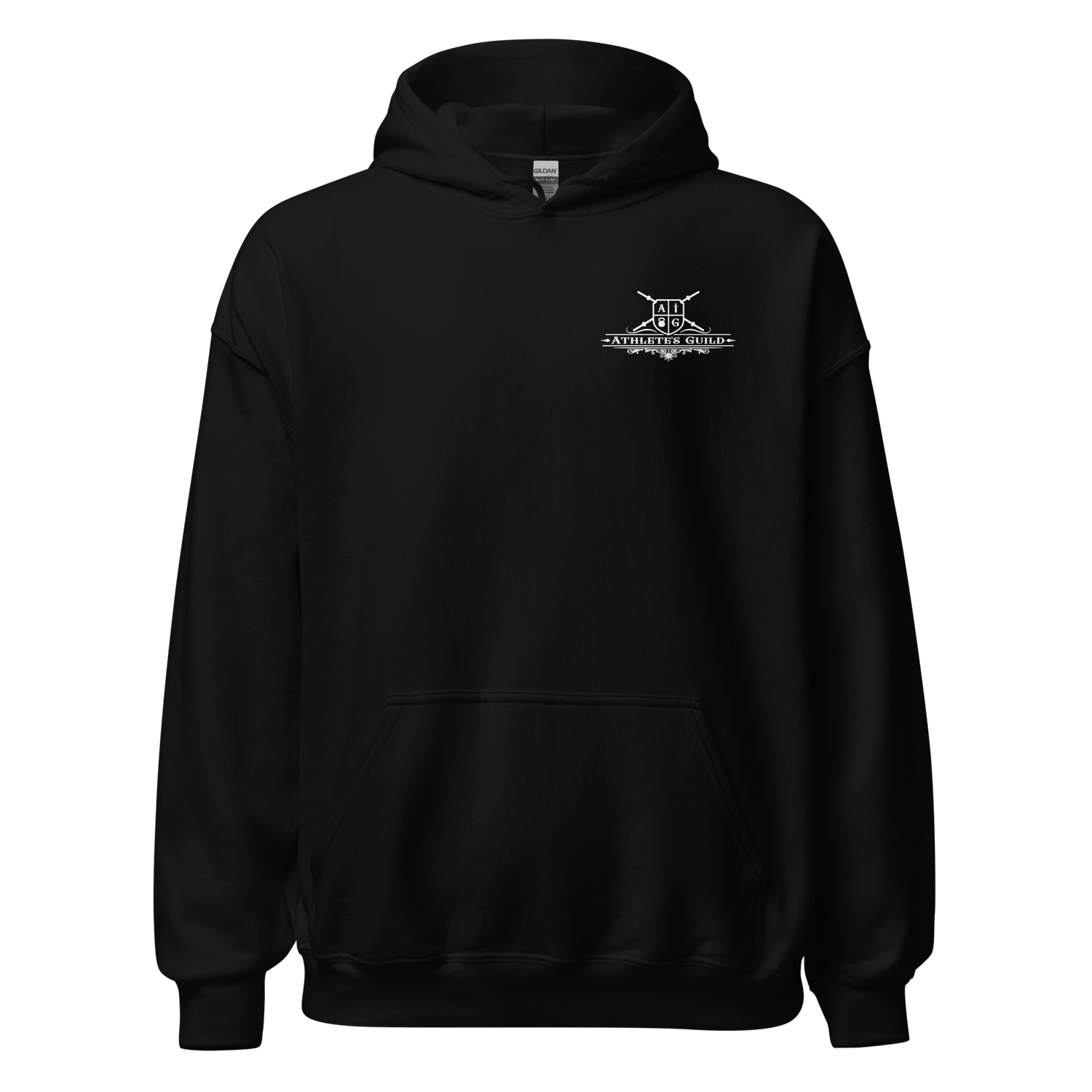 Black hoodie with a logo on the chest against a white background