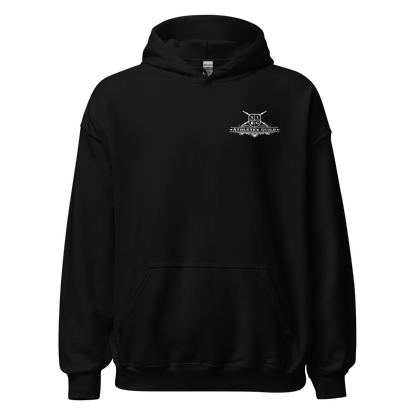 Black hoodie with a logo on the chest against a white background