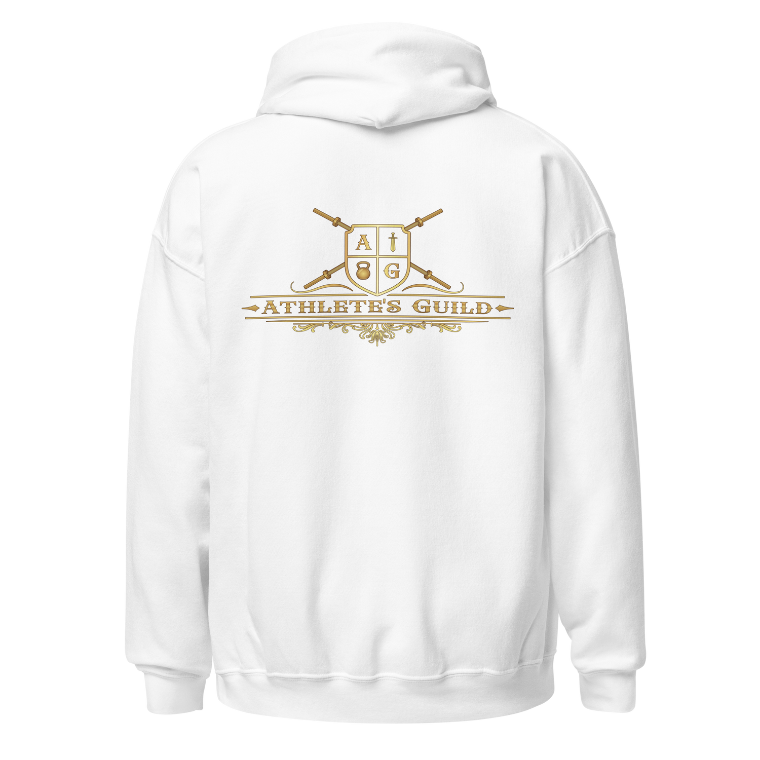 White hoodie with gold logo and text on the back against a white background