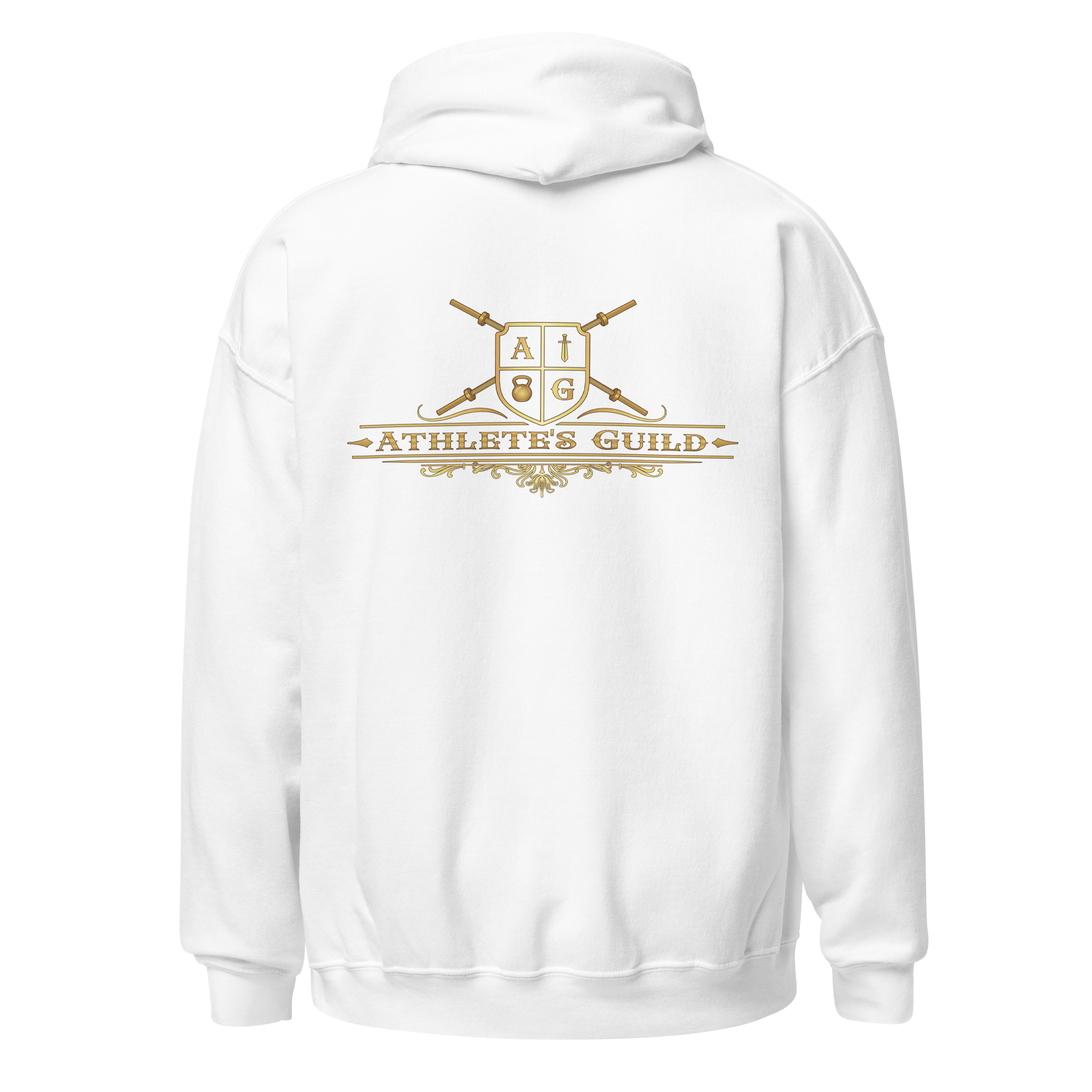 White hoodie with gold logo and text on the back against a white background