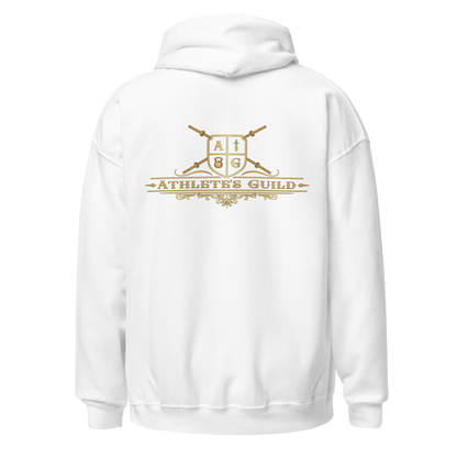 White hoodie with gold logo and text on the back against a white background