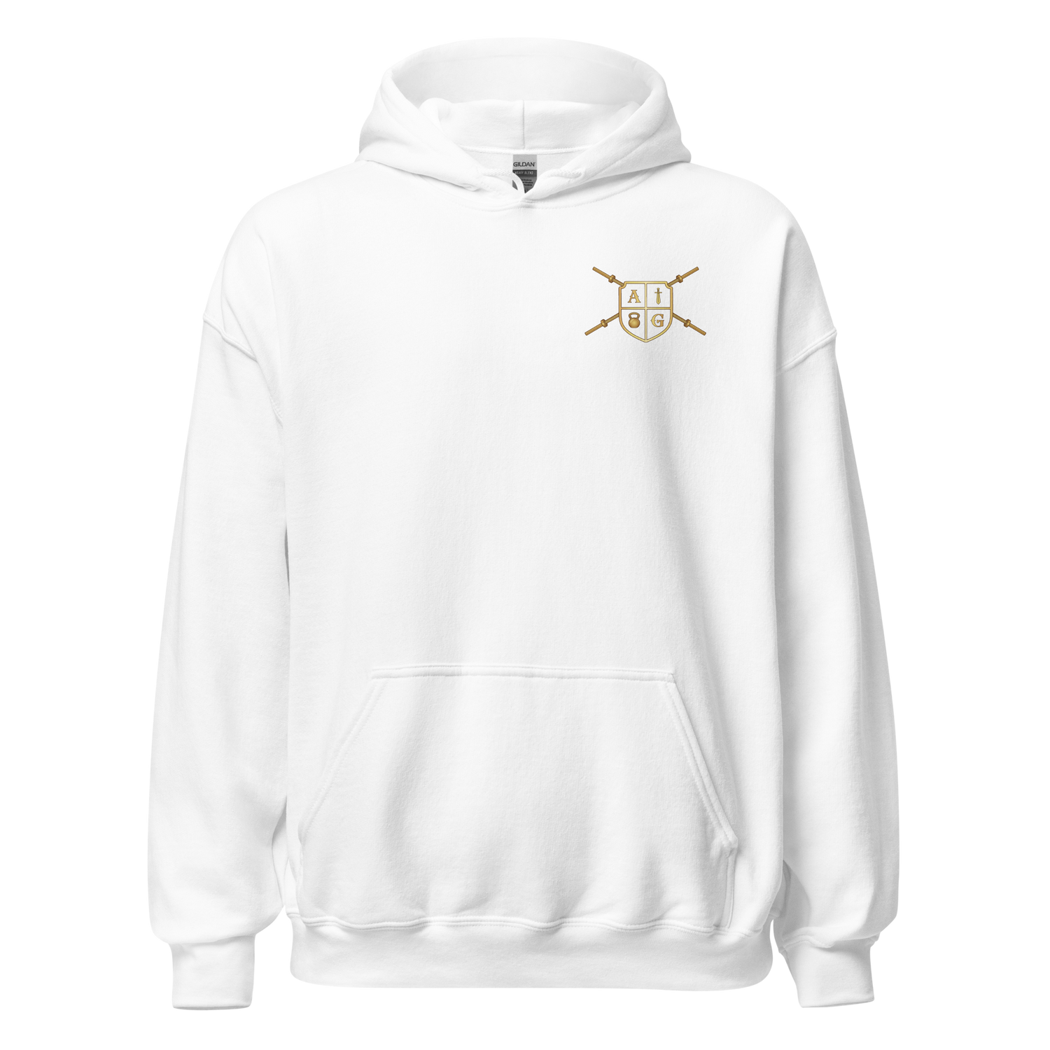 White hoodie with a gold logo on a white background