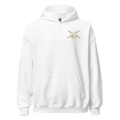 White hoodie with a gold logo on a white background