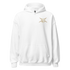 White hoodie with a gold logo on a white background