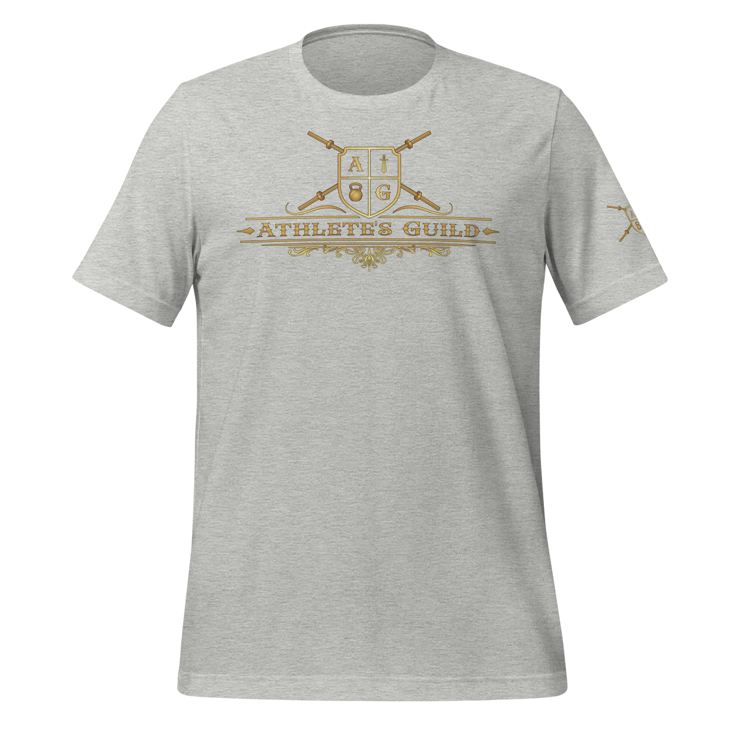 Gray t-shirt with gold logo and text on a white background