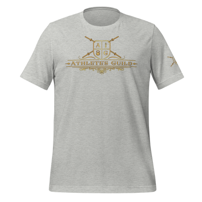 Gray t-shirt with gold logo and text on a white background