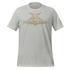 Gray t-shirt with gold logo and text on a white background