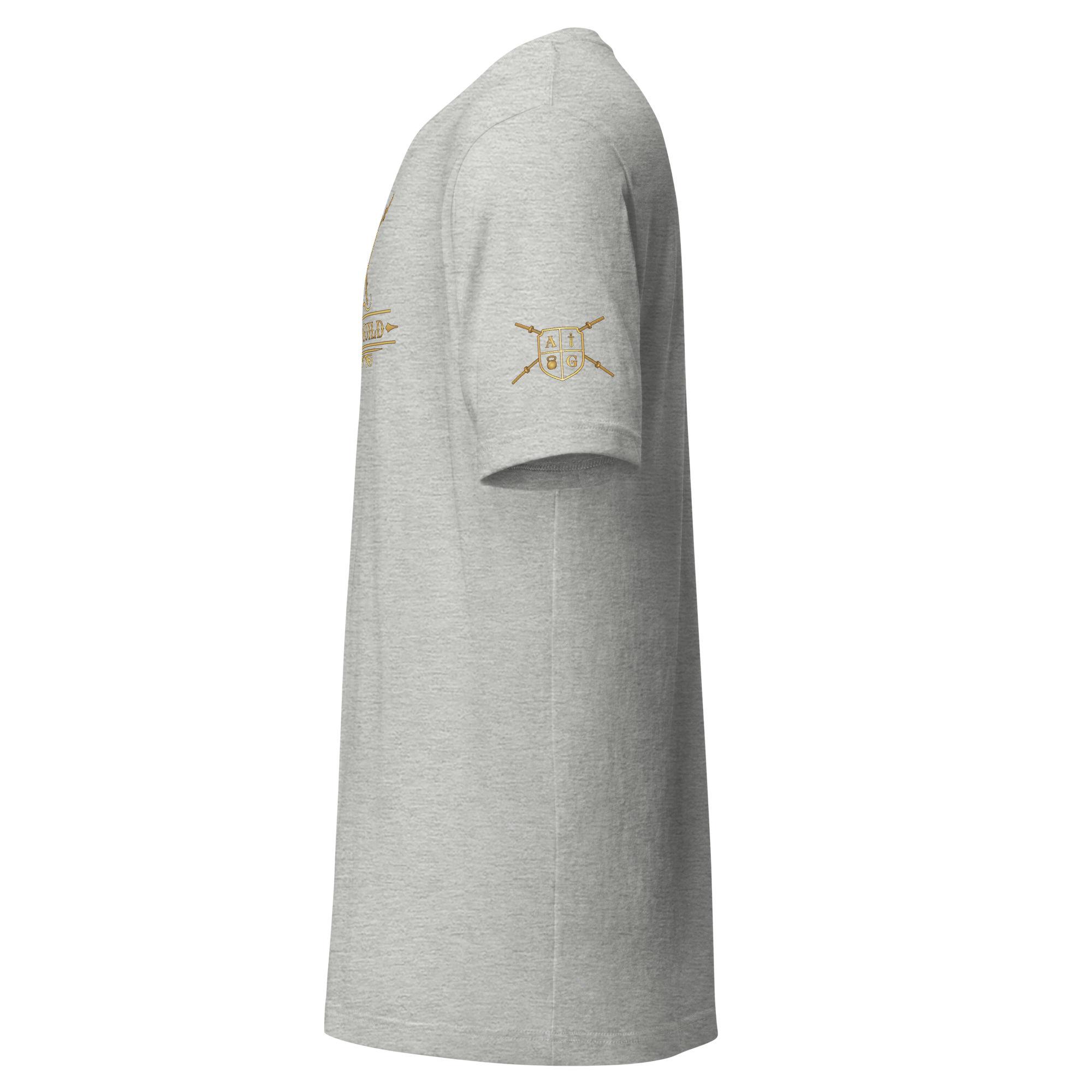 Gray t-shirt with a logo on the sleeve against a white background