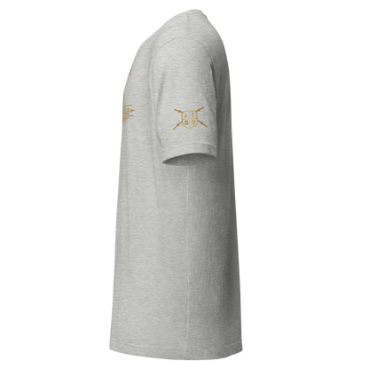 Gray t-shirt with a logo on the sleeve against a white background