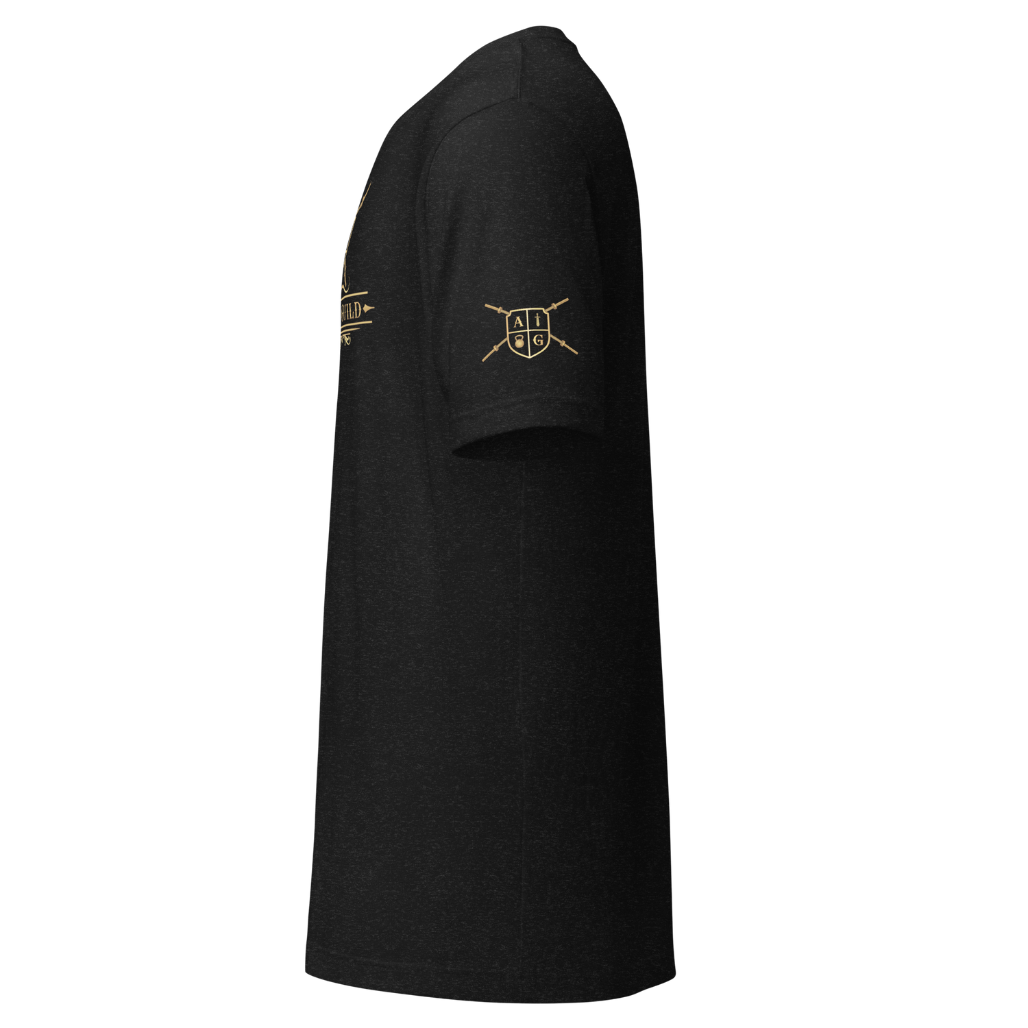 Black t-shirt with gold logo on sleeve against a white background