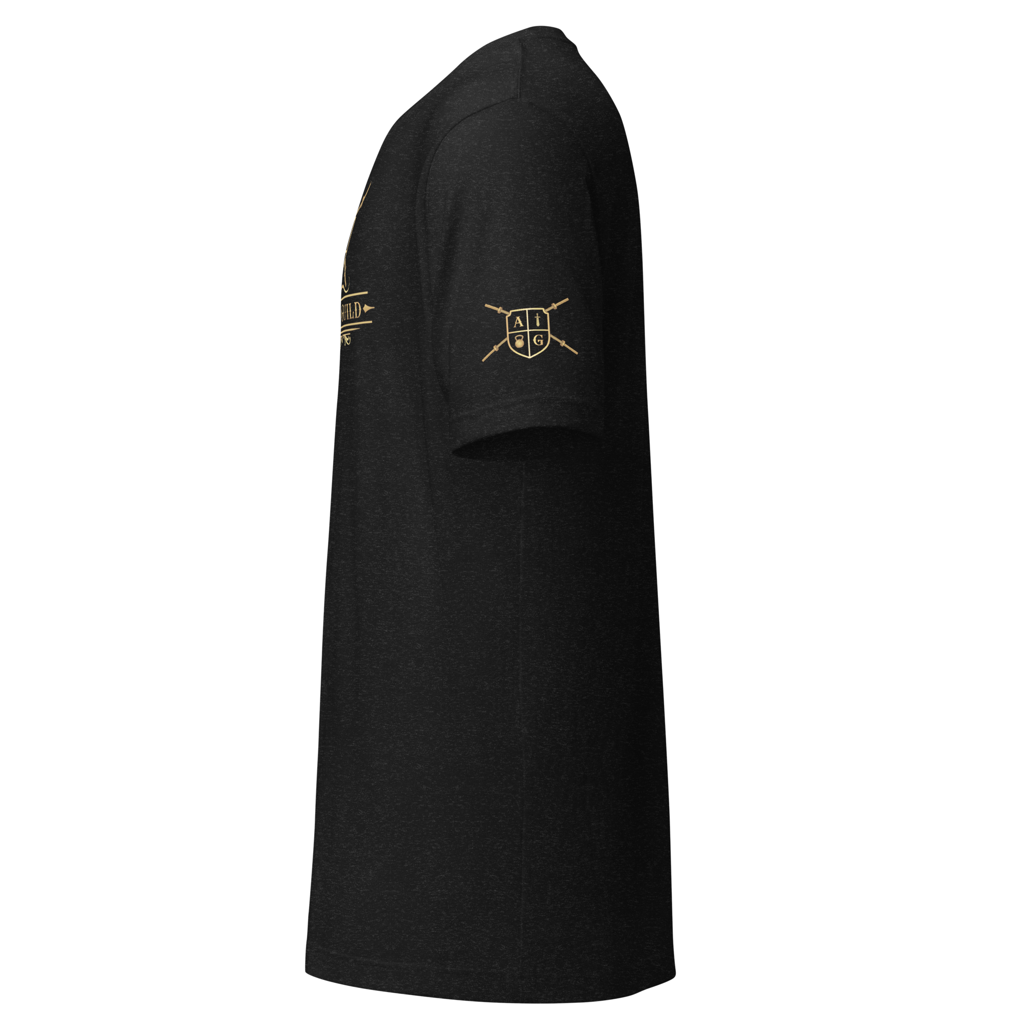 Black t-shirt with gold logo on sleeve against a white background