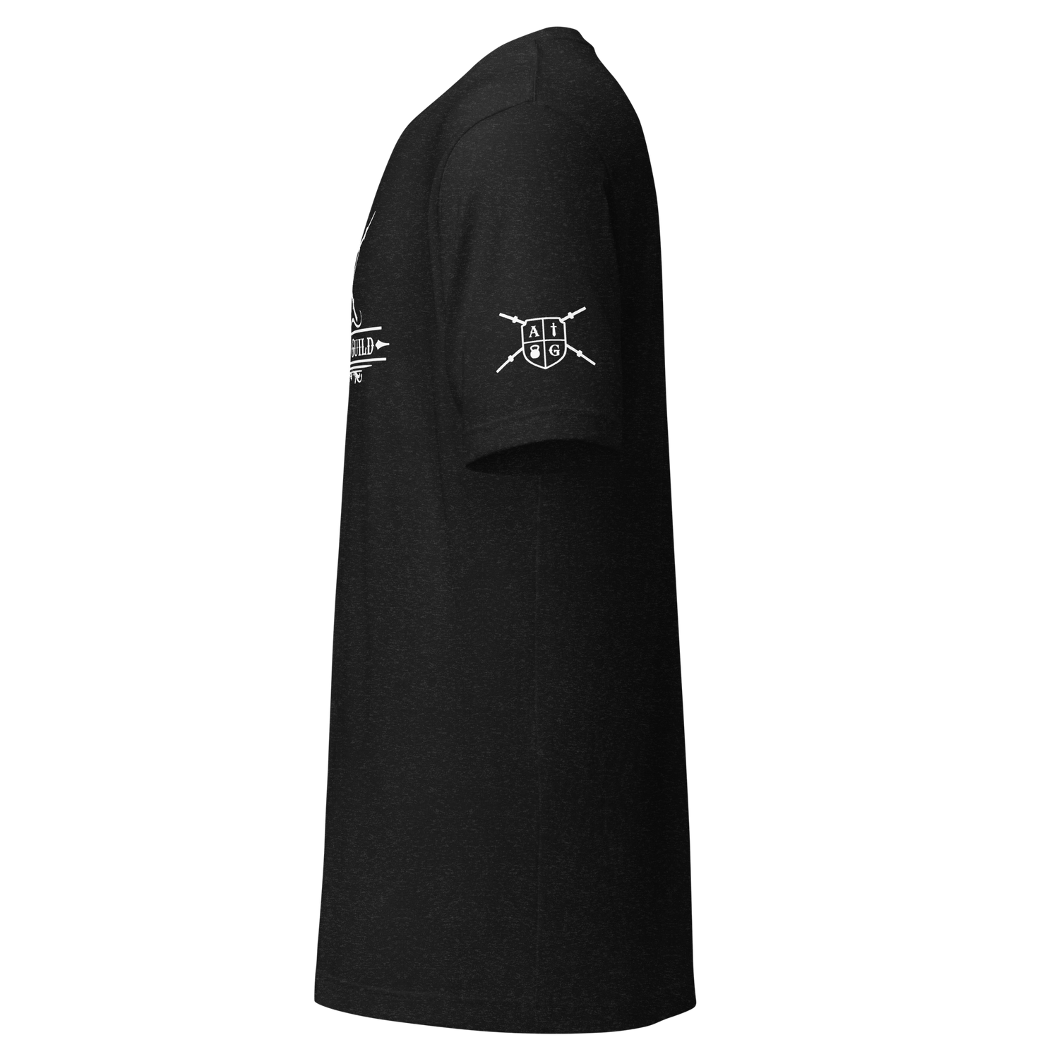 Black t-shirt with a logo on the sleeve against a white background