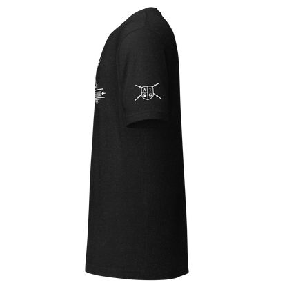 Black t-shirt with a logo on the sleeve against a white background